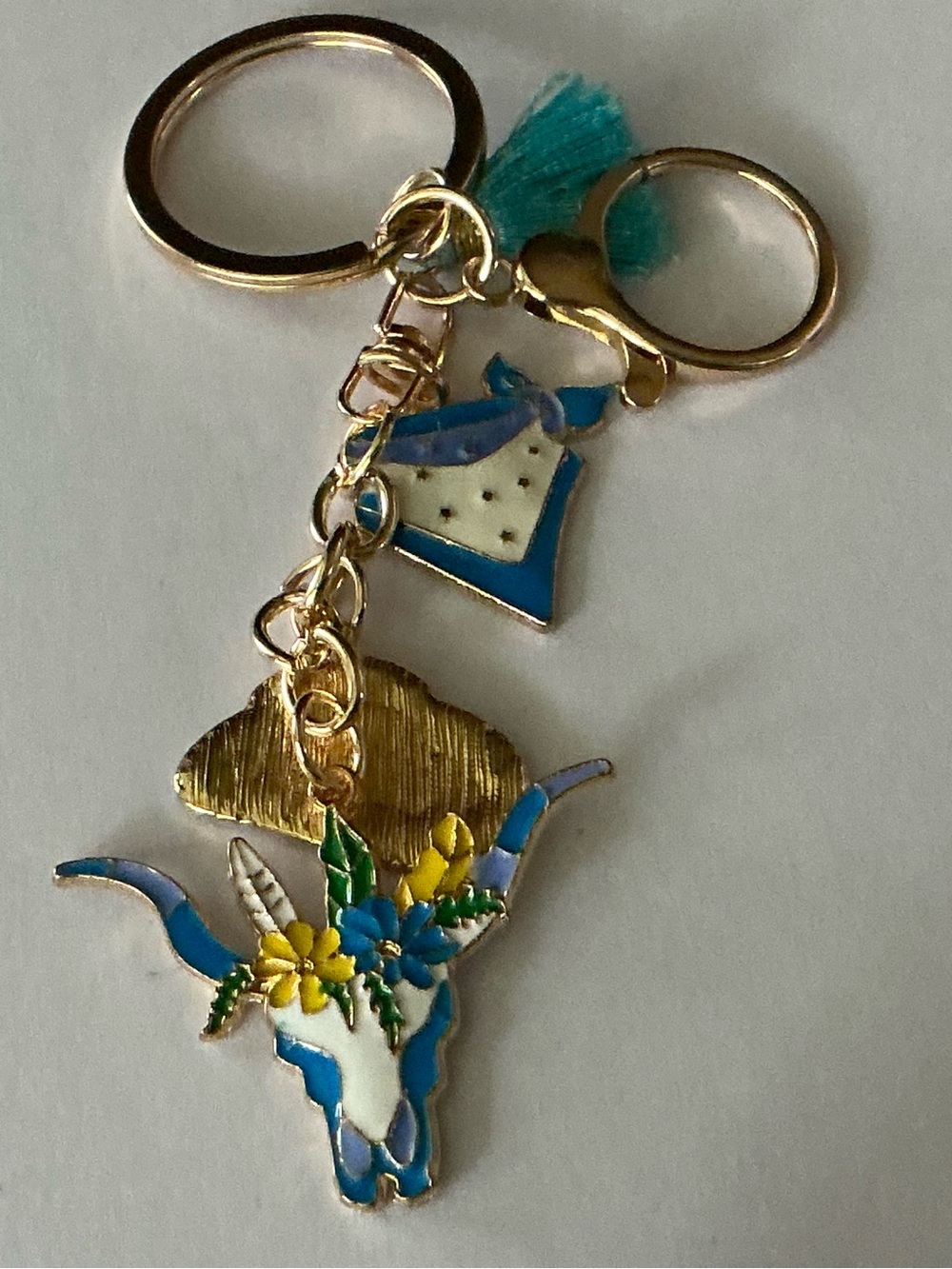 Gold Longhorn Skull Charm Keychain with Blue & Yellow Accents